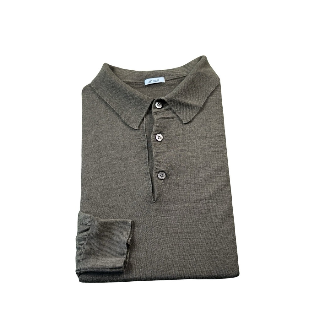 Malo Brown Cashmere Silk Mens L/S Jumper Polo Shirt Size 54 EU